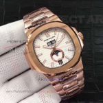 Perfect Replica Patek Philippe Nautilus White Moonphase Dial Rose Gold Case 44mm Watch